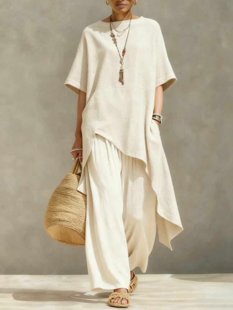 Linen Pant Wide - レディース綿麻パンツセットアップ 2ピース カジュアル半袖無地ルーズイレギュラーブラウス ウエストゴム ワイドレッグフルパンツスーツ