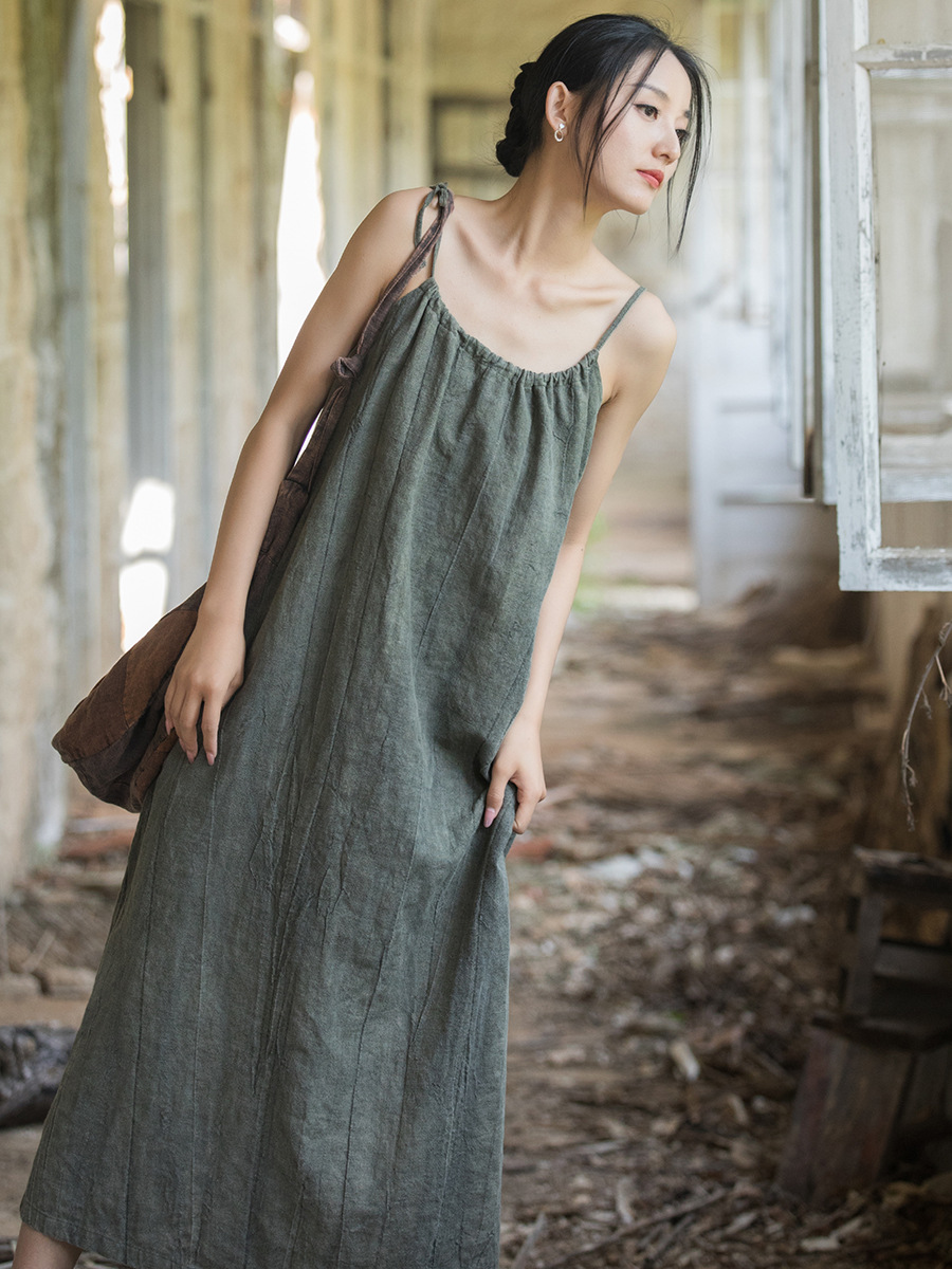 Linen Dress Wrap - 新しい中国風のハイエンド麻ガーゼ女性のラップ染色ルーズレトロ痩身禅コットンリネンドレスカジュアルAラインスカート