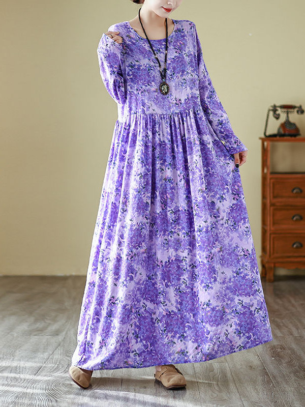 Linen Dress Wrap - 春の新作ラウンドネックロングドレス紫花柄休暇旅行コットンリネンラップボディカバーリング女性用ドレス