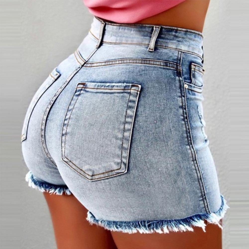 Shorts Denim Frayed - 女性のハイウエスト ダメージ加工デニム ショートパンツ ほつれ裾ストレッチ サマー ホットパンツ