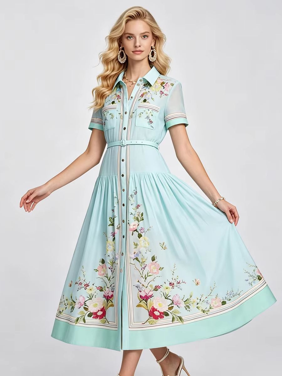 Midi Skirt Floral - エレガントな花柄プリントサマードレス女性半袖シングルブレストシャツ襟 A ラインミディドレス休暇 Vestidos