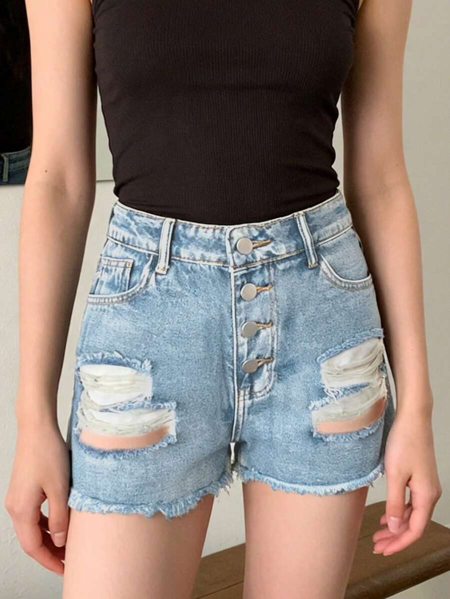 Shorts Denim Frayed - レディース ミッドライズ ダメージ加工 フレイドデニムショーツ ボタンフロントと機能的なポケット付き