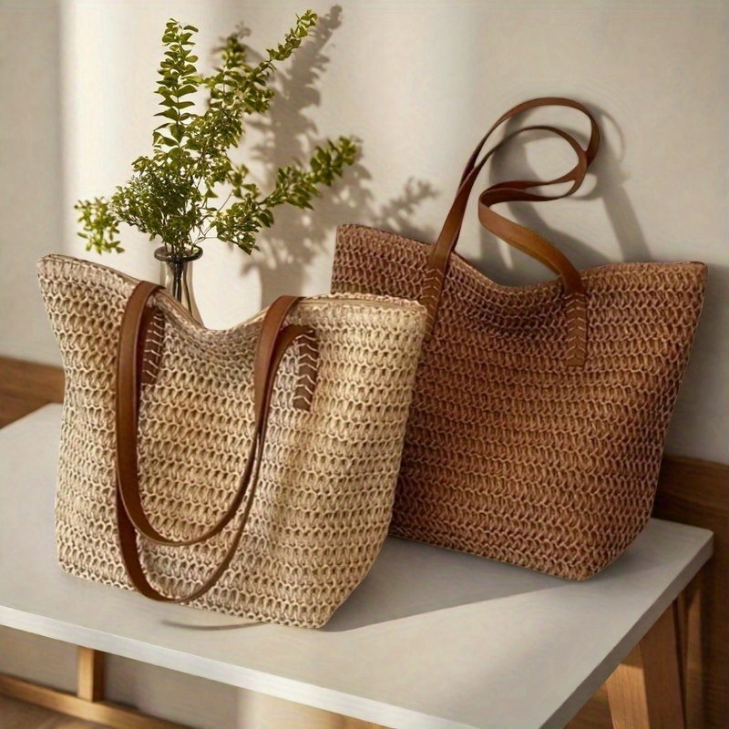 Crochet Bag Raffia - ファッショナブルで多用途な女性用織りバッグ、旅行用ジッパー付き、大容量ビーチバッグ、ハンドバッグ