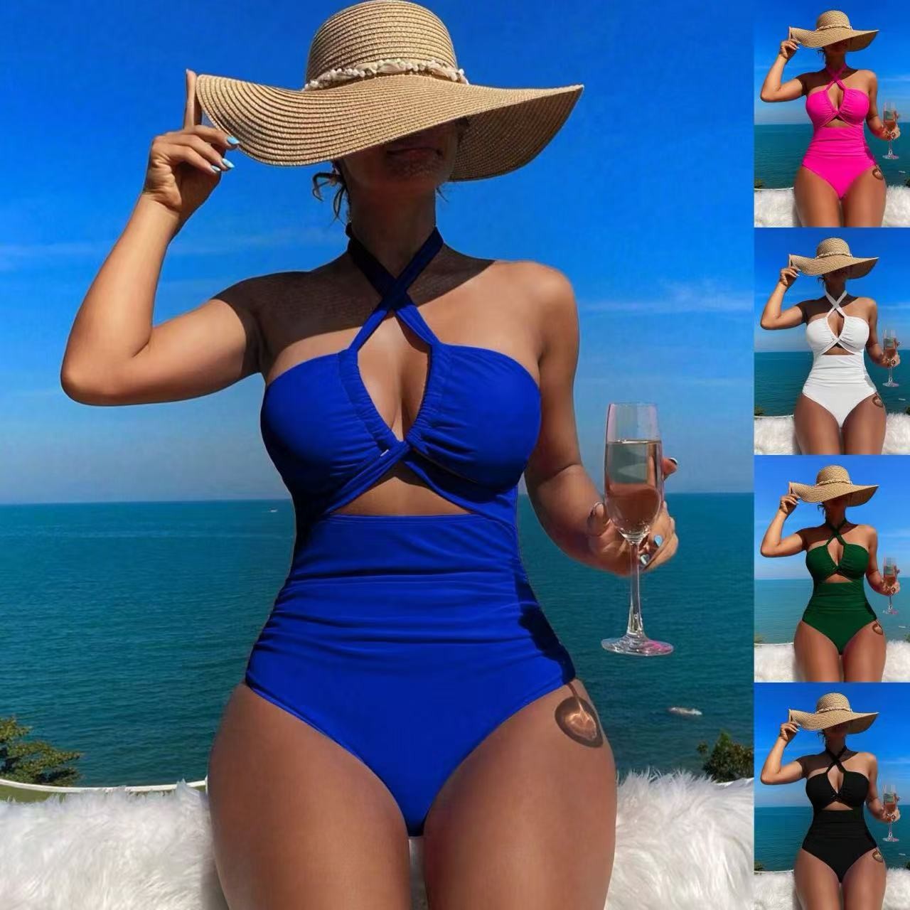 Swimsuit Bikini Ruched - 女性用水着 ホルターネック 無地水着 バックレス ウエストシンチング水着 ルーシュドバスト