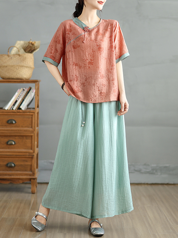 Linen Pant Wide - 中国風花柄プリントリネンシルクVネック半袖トップスワイドレッグパンツツーピースセット女性用夏カジュアル快適通気性