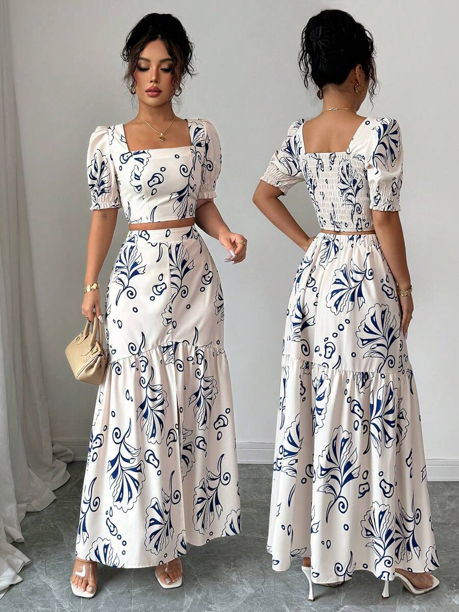 Romper Floral Print - 2026年女性用サマーツーピースセット、花柄プリントセクシーなトップス＋エレガントなロングドレスセット、カジュアルなマッチングスーツ、デートや普段着に