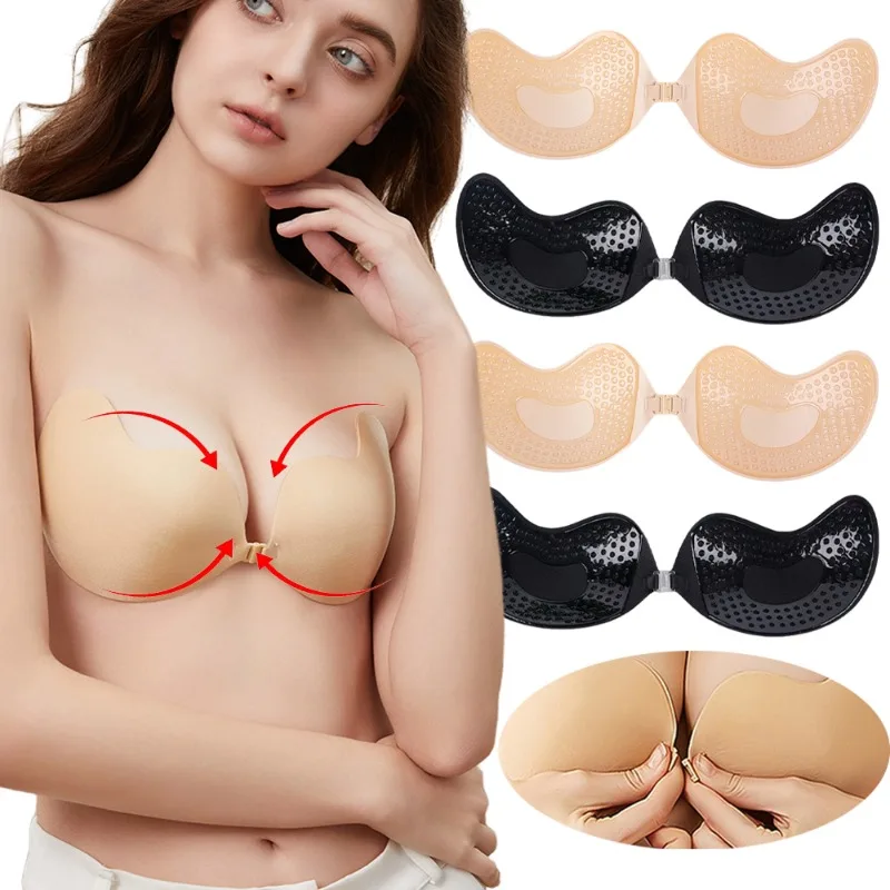 Bralette Triangle Set - 女性のための見えないプッシュアップブラ、黒の肌の色、背中の開いたストラップレスブラレット、フロントクロージャー、通気性のあるシリコン、夏、1個、2個