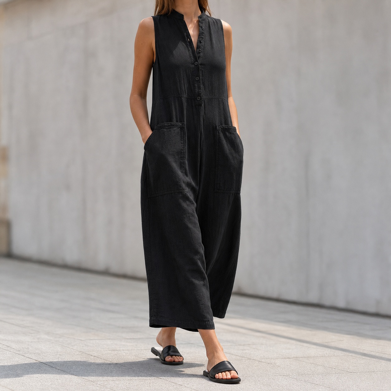 Jumpsuit Linen Relaxed - 女性用 ノースリーブ マンダリンカラー ルーズフィット ソリッドカラー リネンコットン