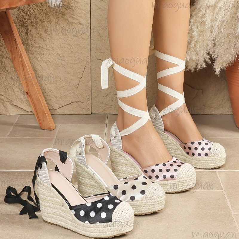 Wedge Espadrille Women - 2026年春夏新作 レディース ドット柄 エスパドリーユ ウェッジサンダル 編み込み麻プラットフォームシューズ