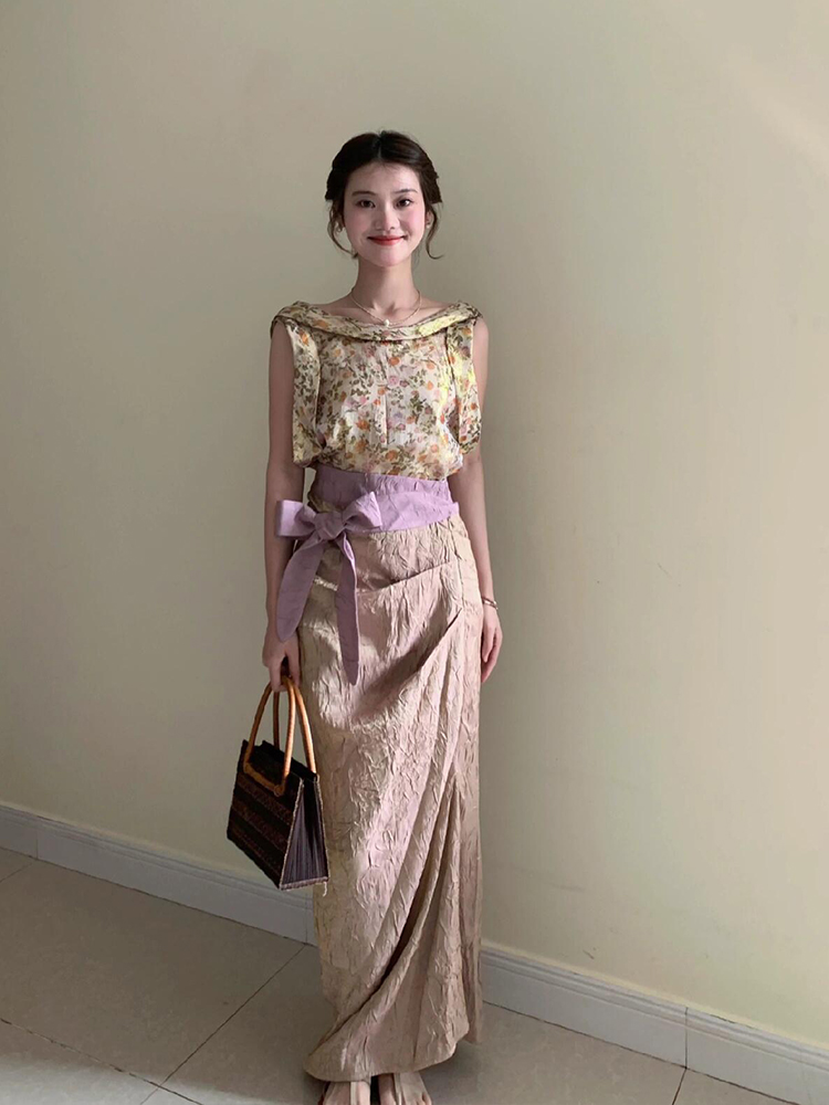 Midi Skirt Floral - XZY ヴィンテージ花柄ノースリーブトップスとスカートセット レディースサマーウエストシンチングプリーツAラインミディスカートファッションアンサンブル