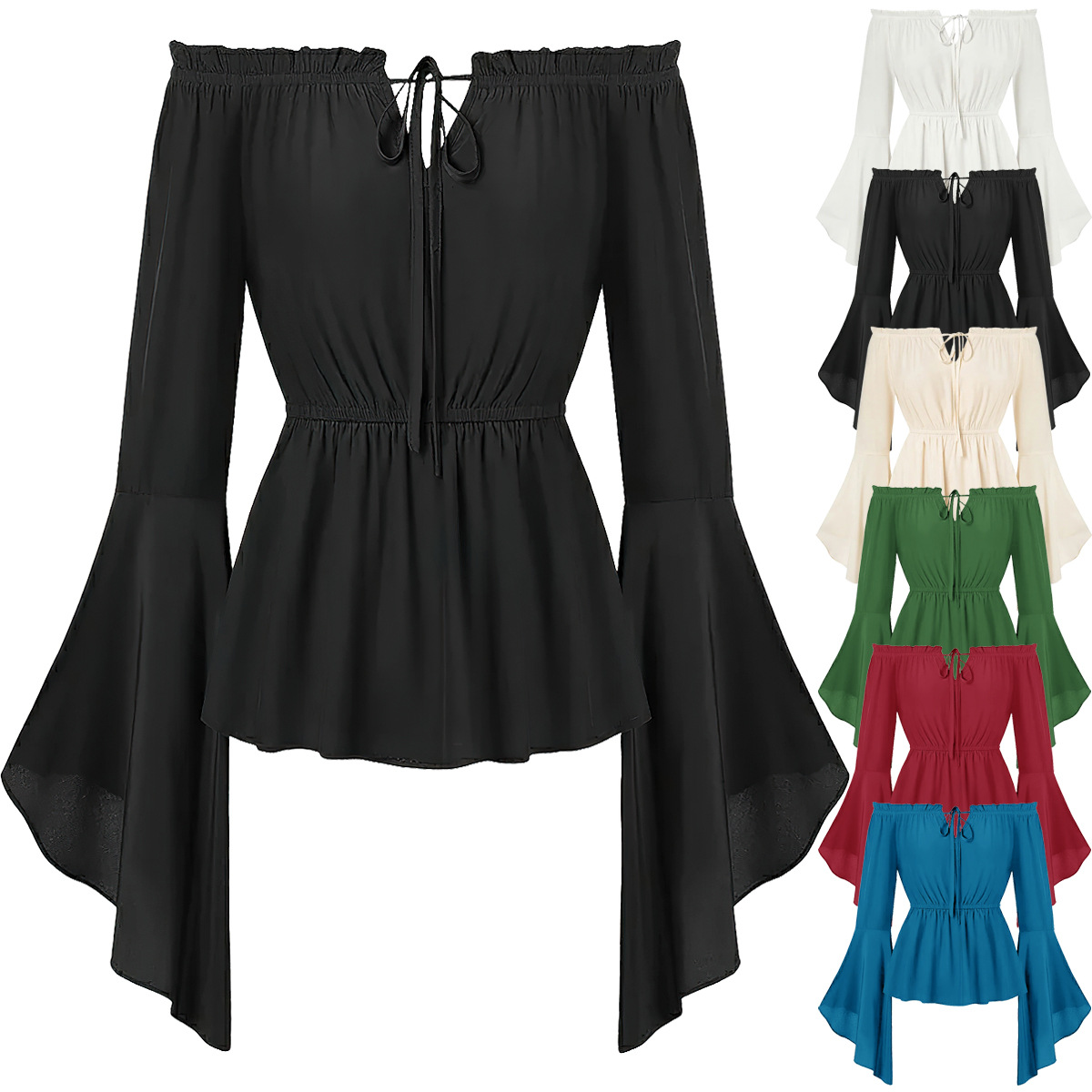 Blouse Off Shoulder - オフショルダー中世風コスチュームブラウス レディース ルネッサンス風 フレア袖 スモックウエストトップ