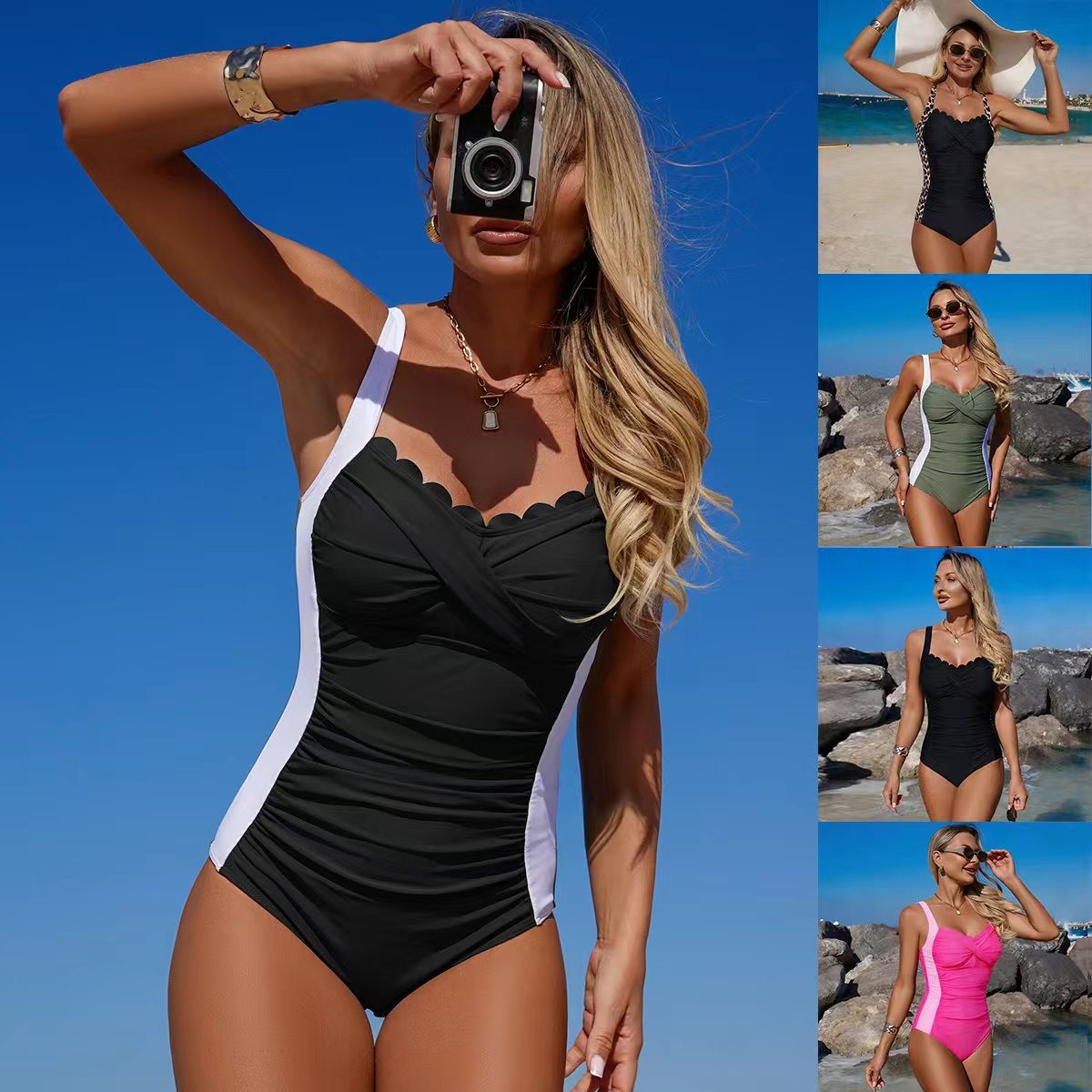 Swimsuit Bikini Ruched - 黒の水着 スカラップネックライン ツイストフロント オリーブグリーン ワンピース水着 ラッフルウエスト