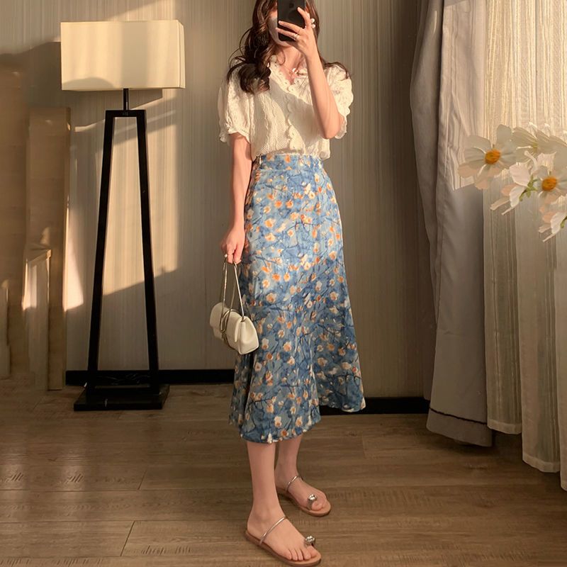 Midi Skirt Floral - レディースサマーツーピースセット レーストップと花柄ミディスカート