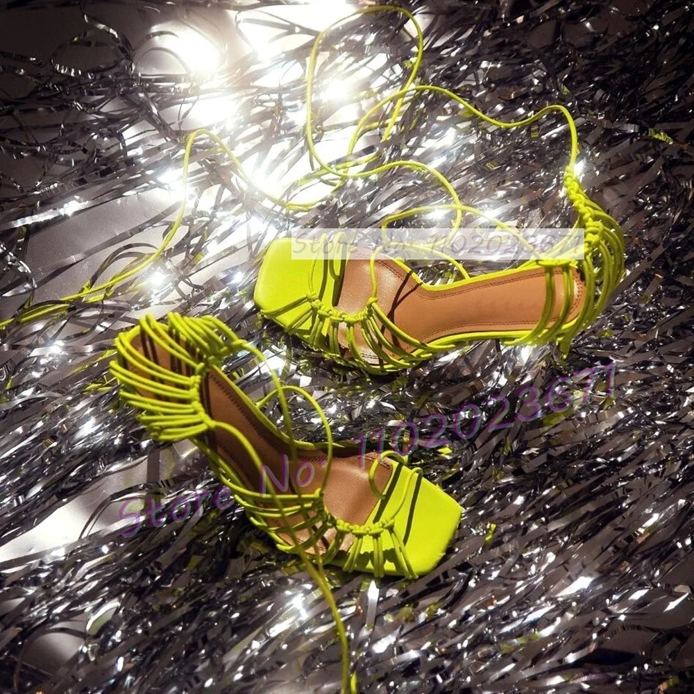 Sandal Strappy Heeled - 女性のためのシックなコード付きレースアップサンダル,セクシーな四角いつま先,薄いハイヒール,クロスストラップ付きのドレスシューズ,夏