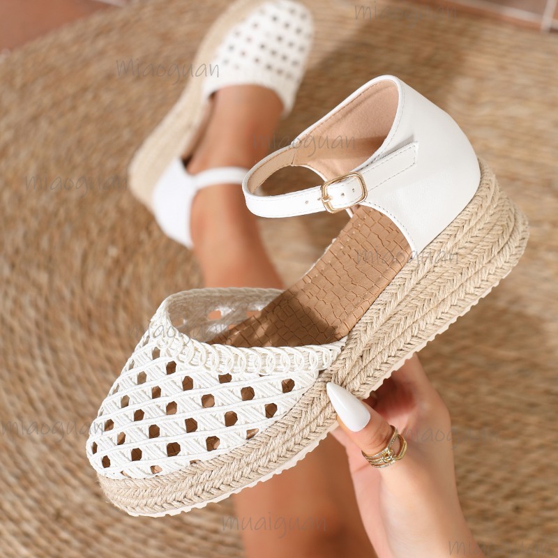 Wedge Espadrille Women - ボヘミアンスタイル レディース 中空編み込み エスパドリーユ ウェッジサンダル アンクルストラップ