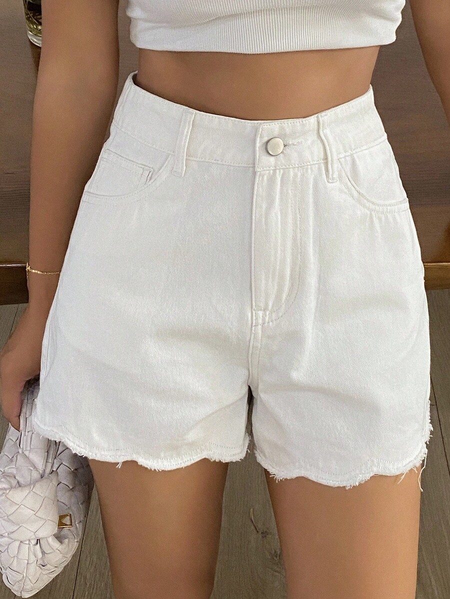 Shorts Denim Frayed - 女性用ルーズカジュアルデニムショートパンツ、夏用ハイウエスト、裾がほつれたデニムショーツ