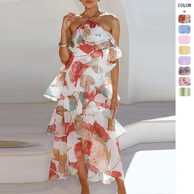 Maxi Dress Halter - エレガントなパーティーマキシドレス シフォン オフショルダードレス ノースリーブ ホルターイブニングドレス 花柄