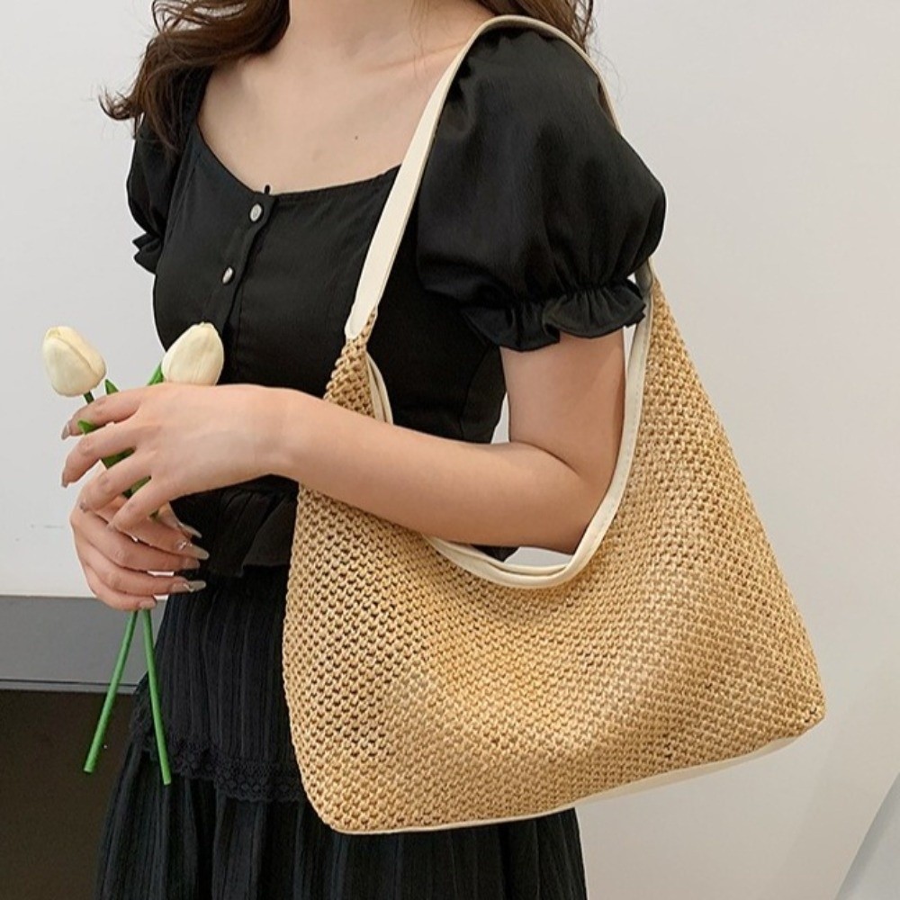 Tote Bag Beach - かわいい無地織りわらバッグボヘミアンスタイル手作りビーチハンドバッグトートバッグバケットバッグショルダーバッグホリデー