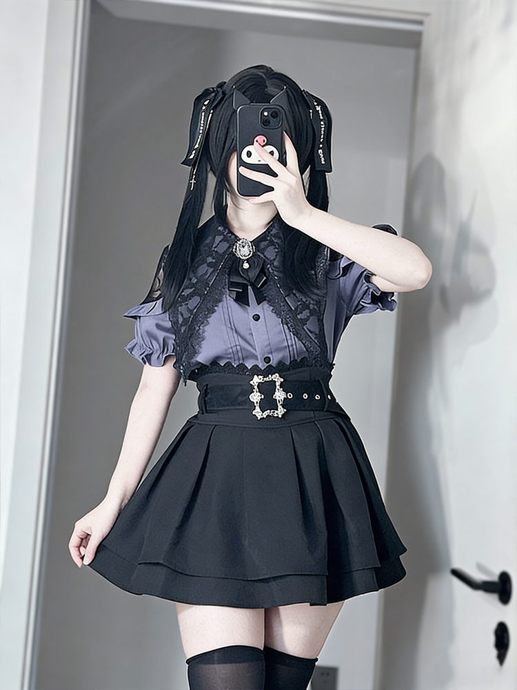 Blouse Off Shoulder - ゴシックスタイル肩出しシャツとハイウエストミニスカートのツーピースセット レディース 夏 カレッジスタイル 小さいサイズセット