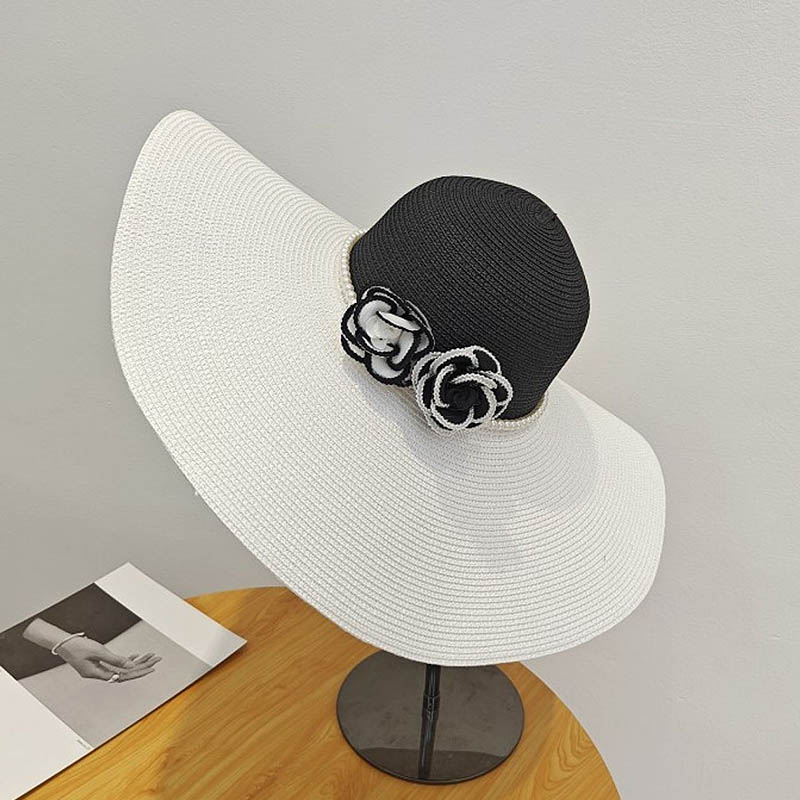 Hat Floppy Wide - つばの夏用帽子,大きなつば,真珠付き,2トーン,ビーチ用,女性用ヘッドギア