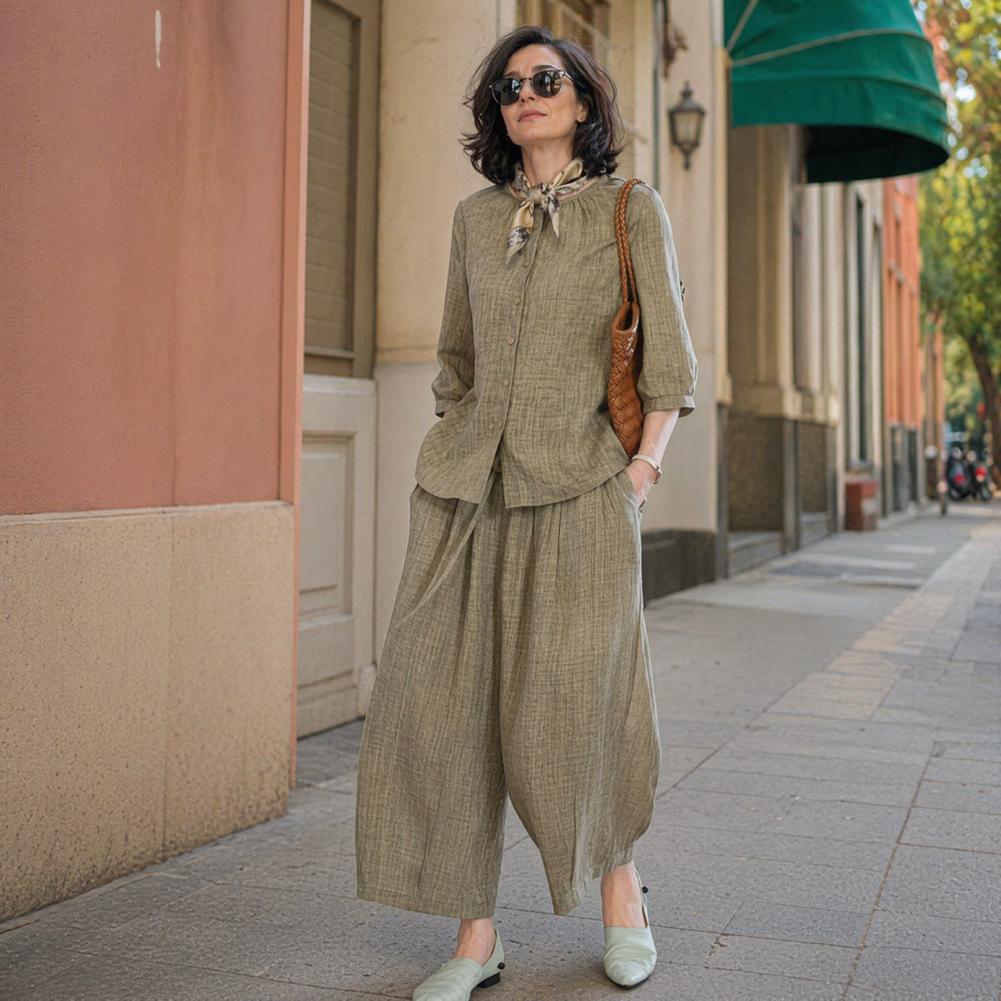 Linen Pant Wide - 2026年 プラスサイズ カジュアルスーツ レディース 2ピース コットンリネンセット、ボタンダウン半袖トップスとワイドレッグパンツ
