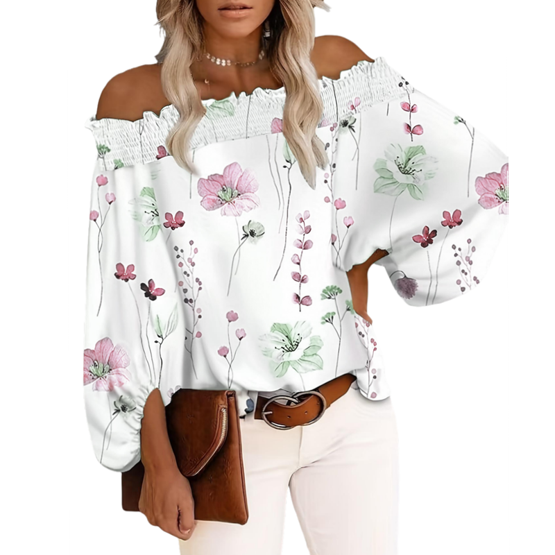 Blouse Off Shoulder - プラスサイズの新しい女性のカジュアル花柄オフショルダー長袖ブラウスファッションサマービーチシャツトップス