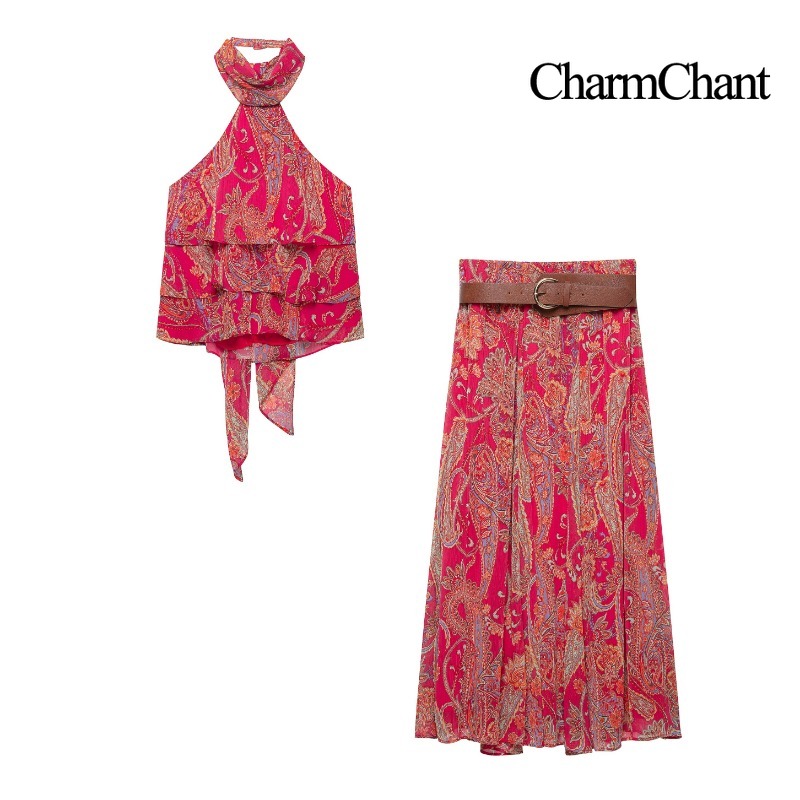Midi Skirt Floral - CHARMCHANT レディース ペイズリープリント ホルターネック フリル ノースリーブトップ