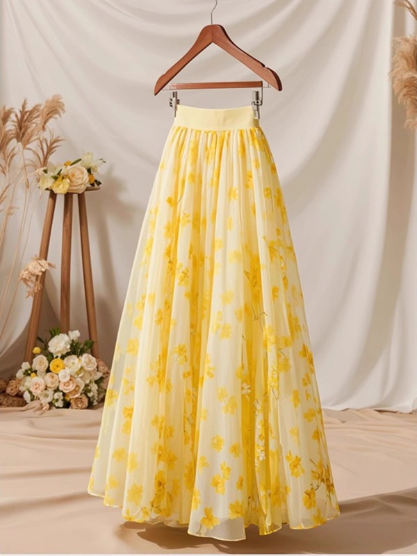 Midi Skirt Floral - 2026年夏 ハイウエスト イエロー Aラインスカート レディース デザインセンセーション