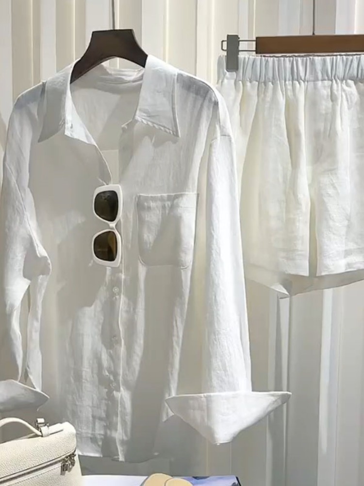 Linen Pant Wide - 夏の女性用リネンシャツセット、ゆったりとしたワイドレッグショートパンツ、ツーピーススーツ、シンプルで上品な快適なコットンリネンの衣装
