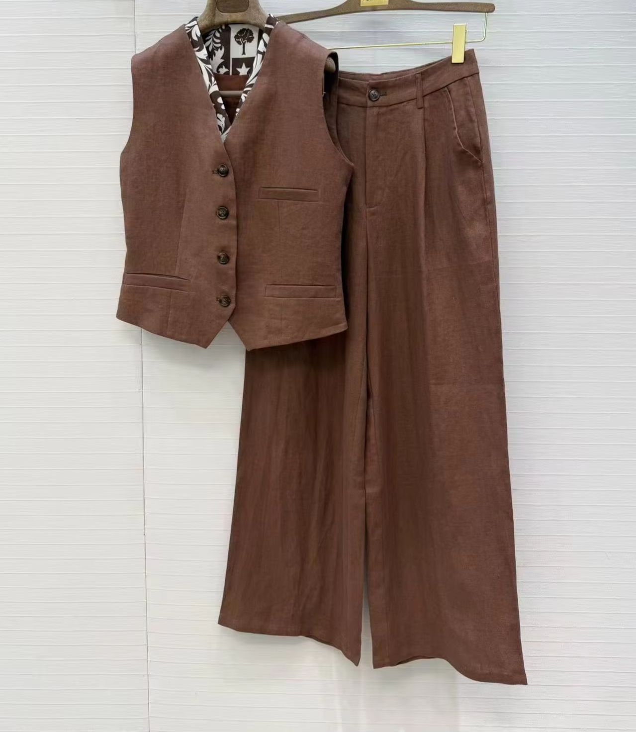 Linen Pant Wide - 老銭さんのリネンカジュアルツーピースプリントパッチVネックセーターとハイウエストワイドレッグパンツ - エレガントな衣装セット
