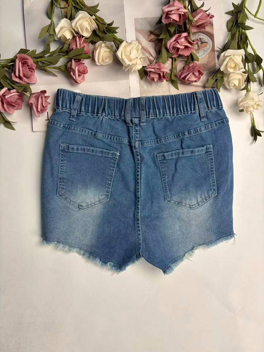 Shorts Denim Frayed - レディース弾性ウエストフリンジヘムダメージデニムショートパンツカジュアルサマーウェア