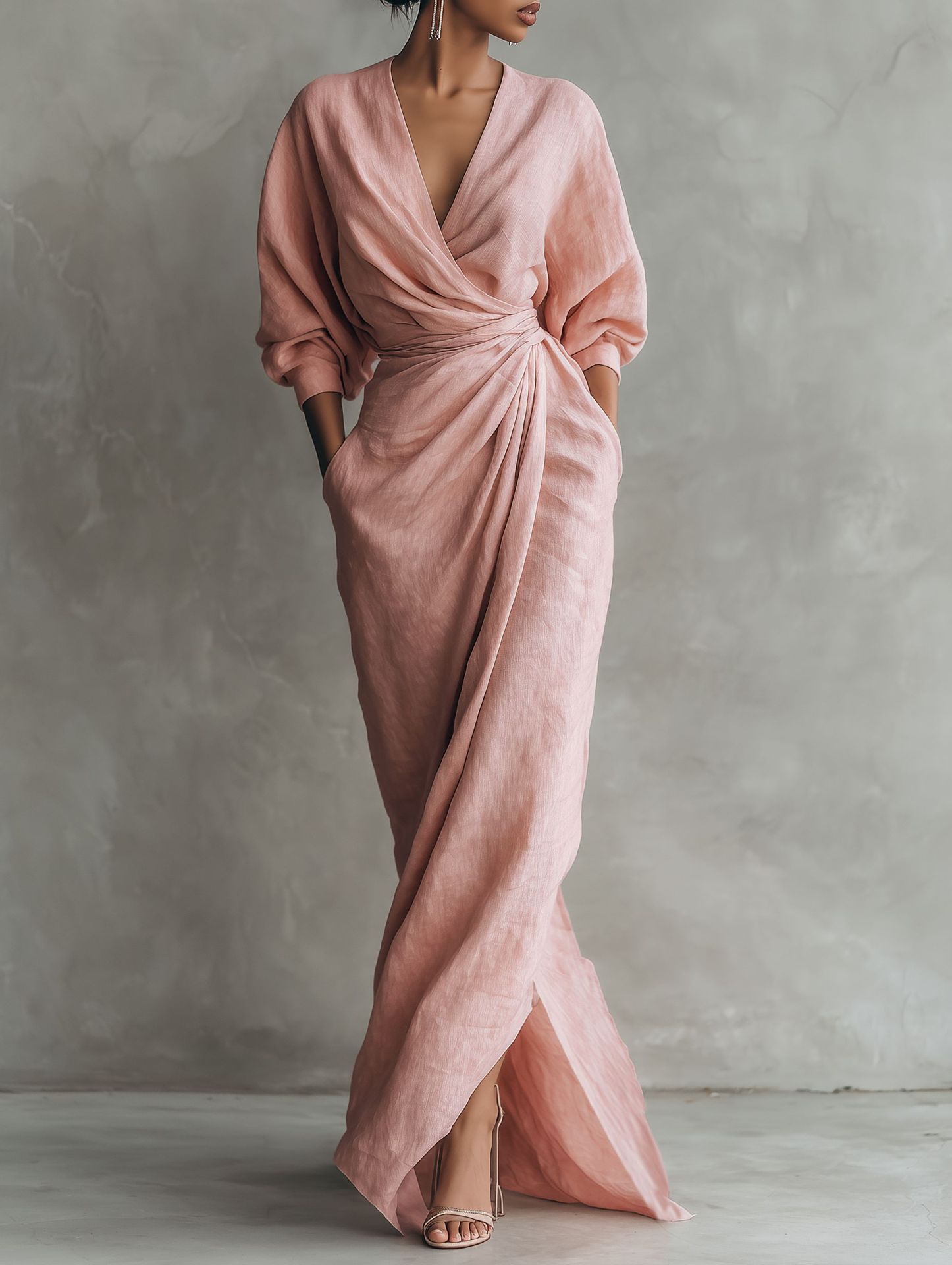 Linen Dress Wrap - 女性用リネン混紡ラップマキシドレス、Vネック、バットウィングスリーブ、ウエストノット、サイドスリット、エレガントなフォーマルパーティー、ブライズメイドドレス