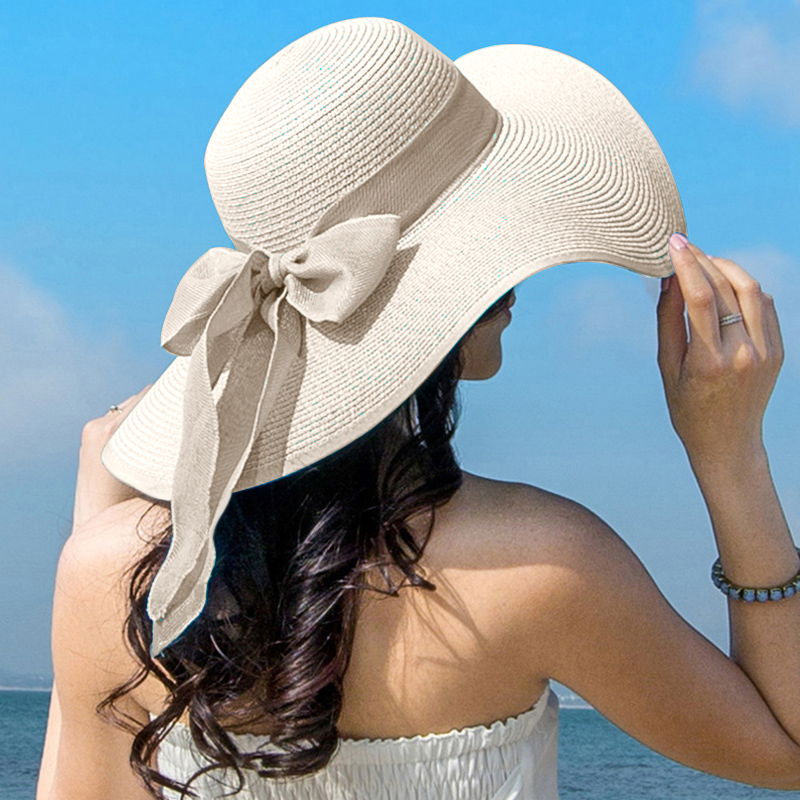 Hat Floppy Wide - 夏の女性の麦わら帽子ちょう結びつば広フロッピーパナマ帽子女性女性屋外折りたたみビーチサンキャップ