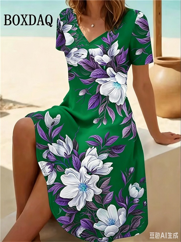 Romper Floral Print - 6XL プラスサイズの女性のドレス夏のビーチカジュアル A ラインドレスヴィンテージボヘミアン花柄半袖 V ネックルーズドレス