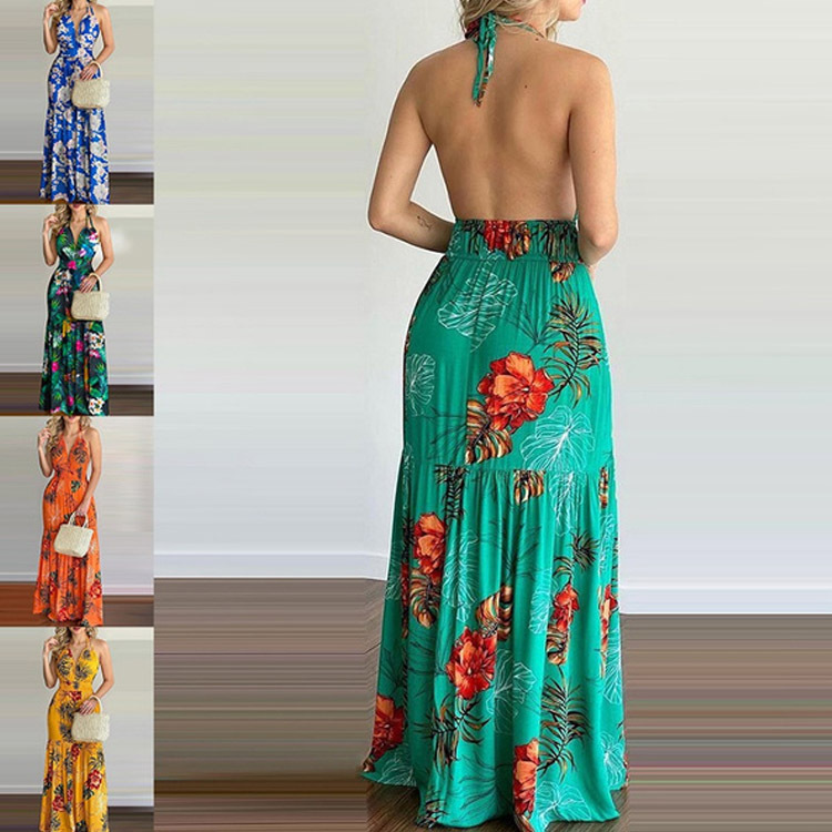 Maxi Dress Halter - 花柄マキシドレス ロングバックレス サマーエレガントガウン 女性用 バケーション ビーチ