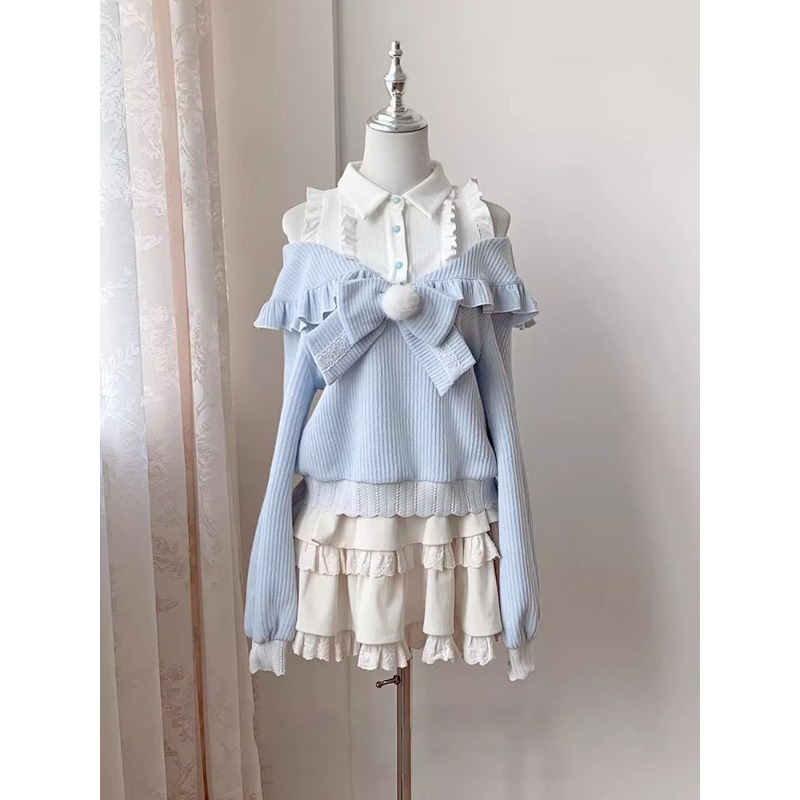 Blouse Off Shoulder - 可愛いソフトガールロリータ2ピースセット レディース 秋 オフショルダースリーブ ボウブラウス +