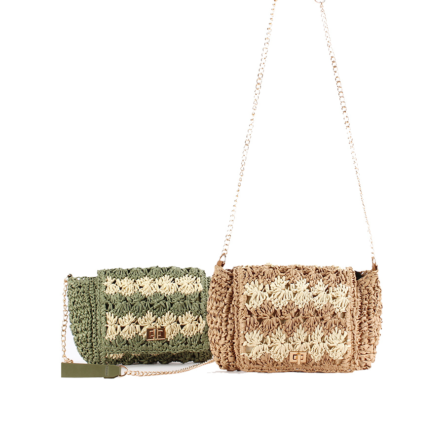Crochet Bag Raffia - 女性用ストロークロスボディバッグ 夏用パッチワーク織りショルダーバッグ ラフィアビーチリストレット クロシェハンドバッグ 女性用