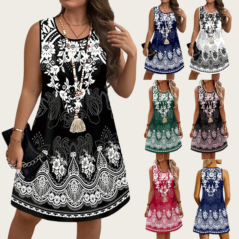 Romper Floral Print - エスニックスタイルヴィンテージドレス 2026 夏の女性のドレスプラスサイズサンドレスカジュアルタンクドレスビーチフラワー 3D プリントドレス 6XL