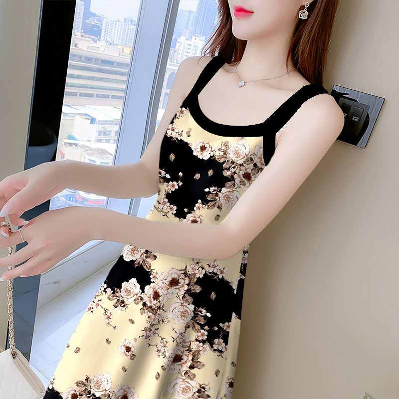 Midi Skirt Floral - 花柄のノースリーブビーチドレス,ミドル丈,カジュアル,ハイウエスト,スリム,ソフト,ストラップ,エレガント,夏