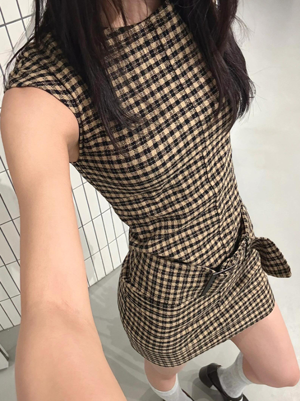 Linen Dress Wrap - レトロ韓国風チェック柄スリムベストワンピース レディース 夏新作 ウエストシェイプ 多用途 カジュアル