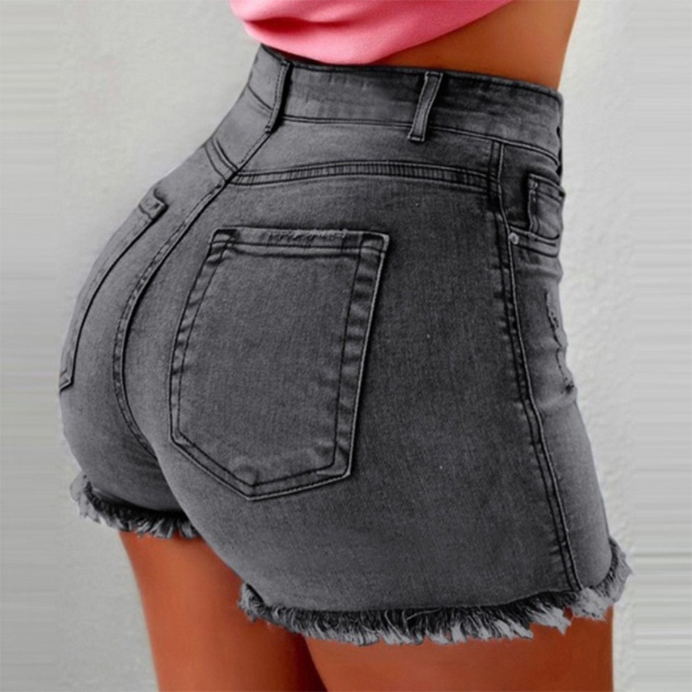Shorts Denim Frayed - レディース ハイウエスト デニム ショートパンツ - ダメージ加工・切りっぱなし・裾がほつれたデザイン、伸縮性のある夏用ホットパンツ、カジュアルなストリートウェアに最適