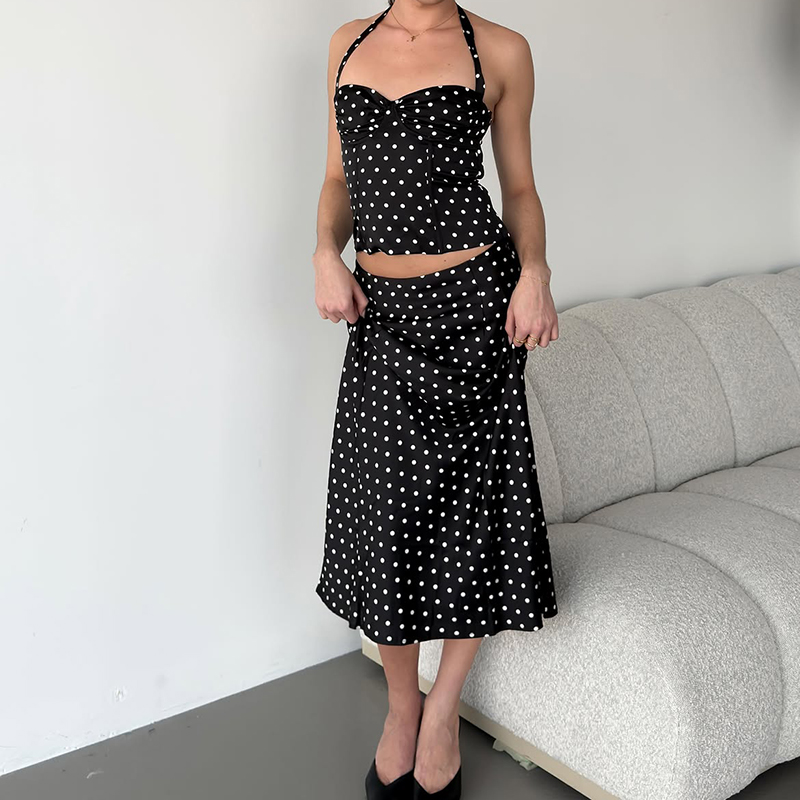 Crop Top Crochet - ツーピースセット ポルカドットスカート セットアップ レディース 夏 コルセットクロップトップとマキシスカートのマッチングセット