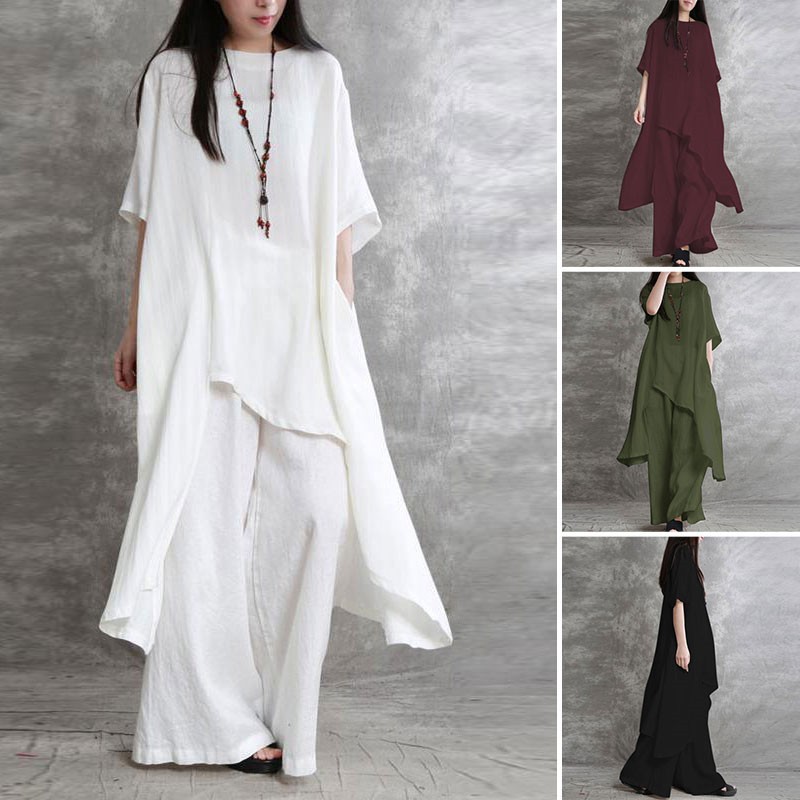 Linen Pant Wide - 女性用コットンとリネンのスポーツウェア,半袖スーツ,ラウンドネックトップ,ワイドレッグパンツ,カジュアルウェア,ラージサイズ,2個セット