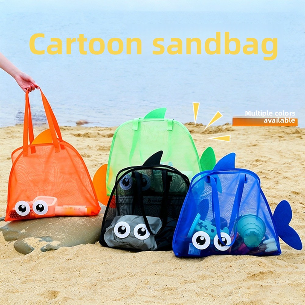 Tote Bag Beach - キッズメッシュビーチバッグ カラフルな漫画のサメ 動物 砂が入らない 速乾性 シェルおもちゃ収納オーガナイザー