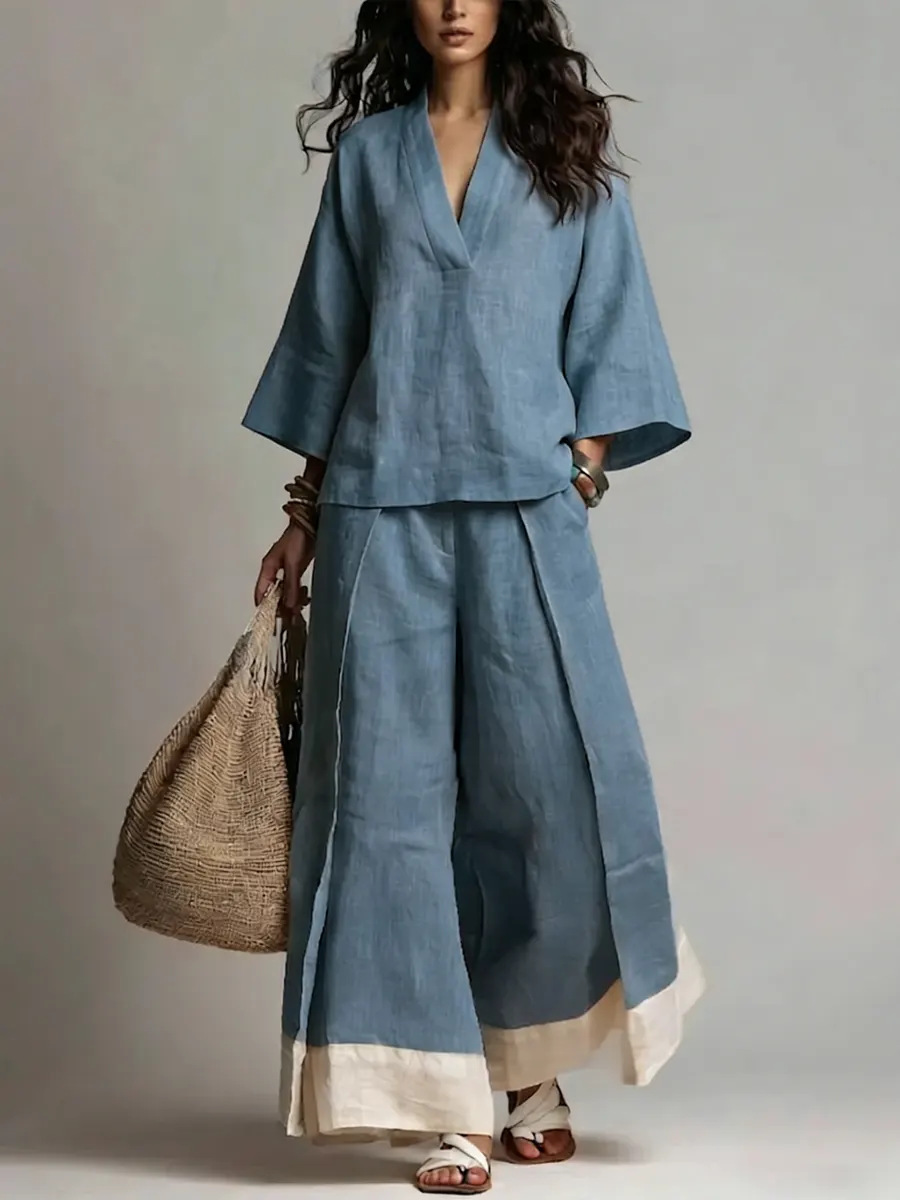 Linen Pant Wide - 夏の女性用Vネックコットンリネンセット、フレンチエレガントカジュアルルーズホリデー七分袖ワイドレッグパンツアウトフィット、ストリートウェア
