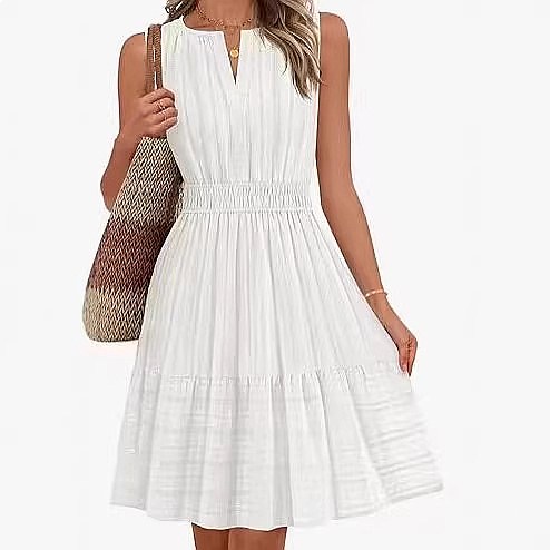 Linen Dress Wrap - 春夏 レディース ノースリーブワンピース ラップVネック プリーツ コットンリネンドレス