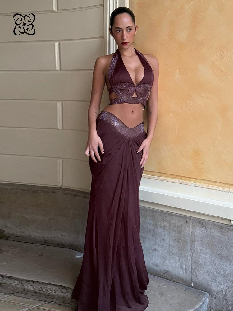 Maxi Dress Halter - ダークブラウンのラインストーン付きツーピースマキシドレス、ディープVカットアウトクロップトップ、ルーシュ加工のマーメイドロングスカートセット、女性用イブニングパーティーフォーマルガウン