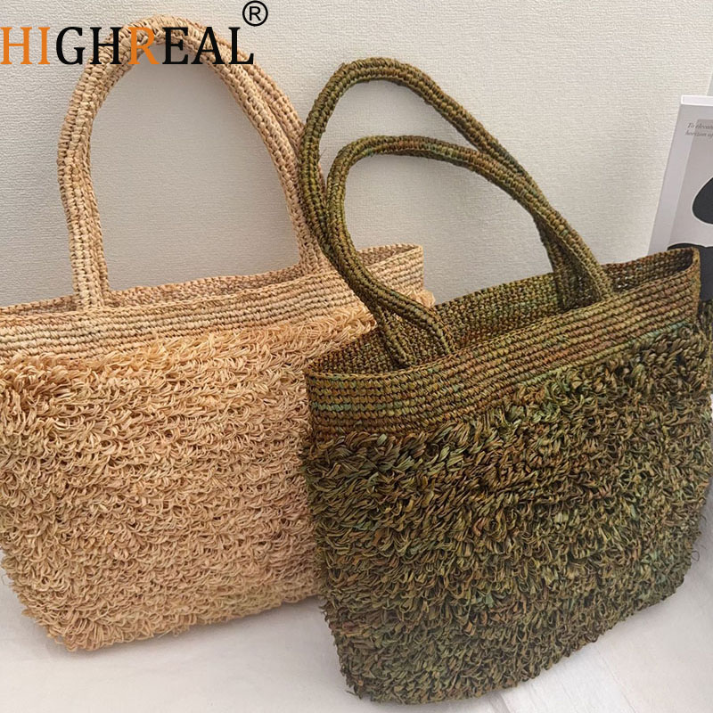 Crochet Bag Raffia - 高級ラフィアストローバッグ ボヘミアン織りトートショルダーバッグ 手作りビーチバッグ 女性用ハンドバッグと財布 クロシェショッパー 新品