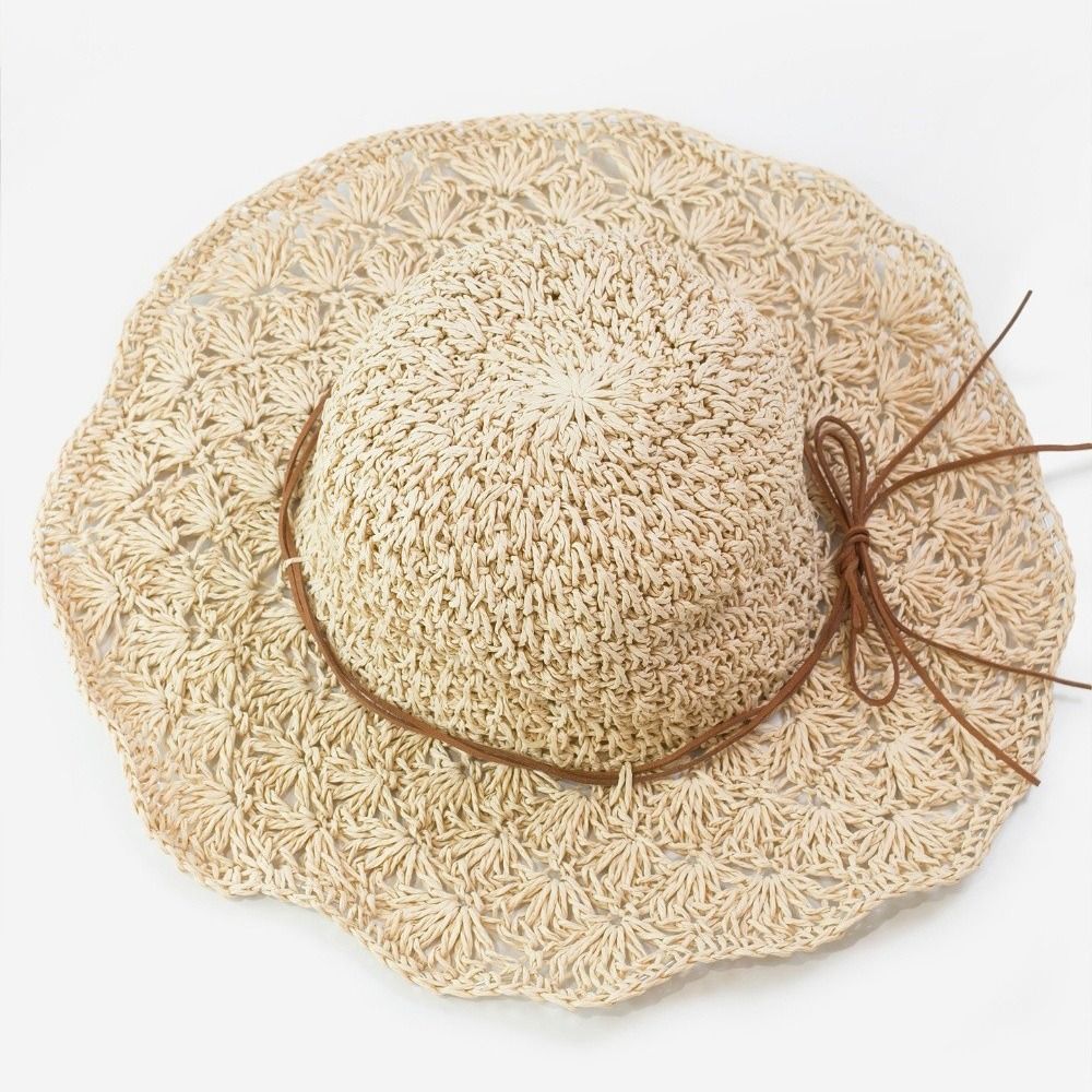 Hat Floppy Wide - 手編みクロシェ麦わら帽子つば広折りたたみ式パナマハットUVカット通気性フロッピーストローハット夏の女性用帽子