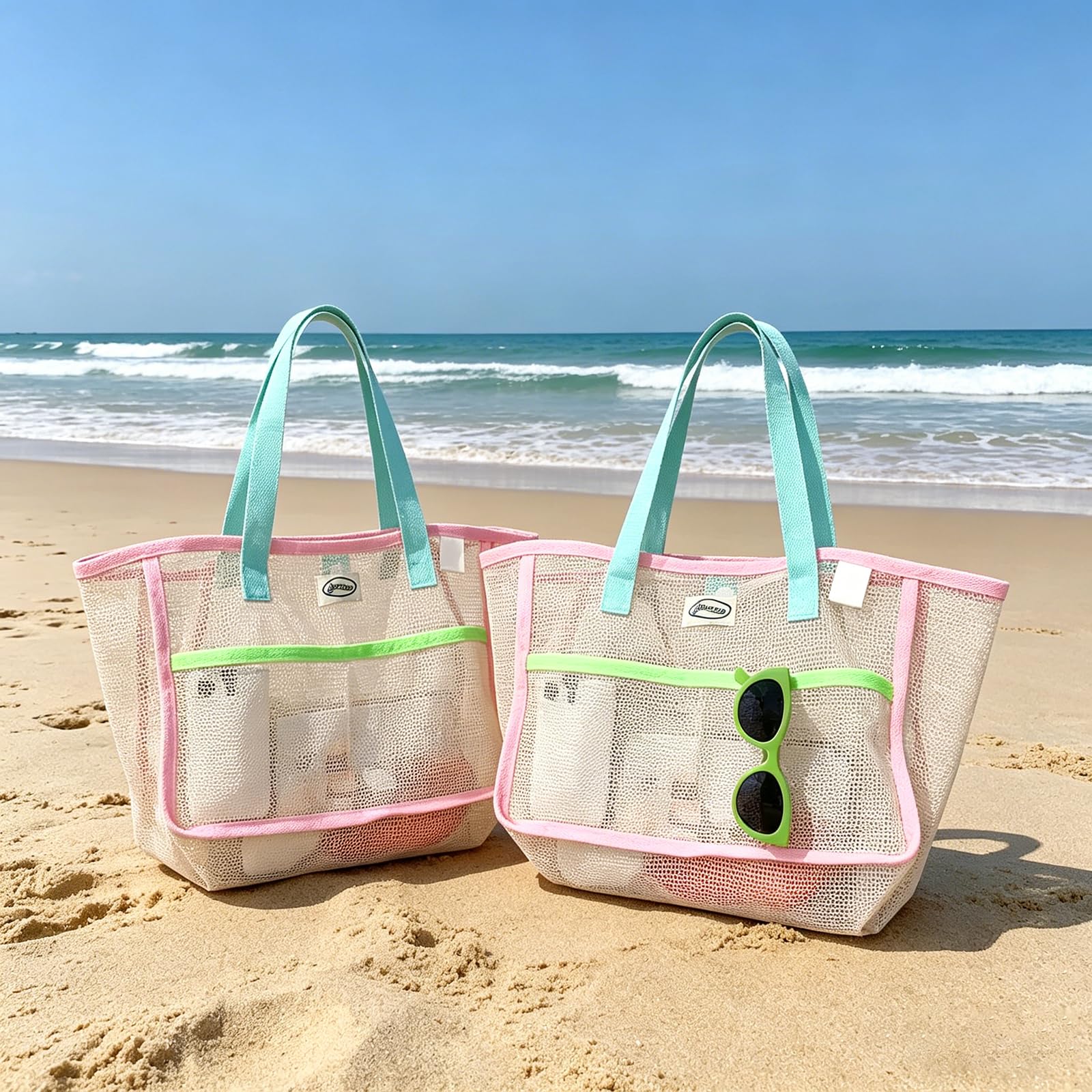 Tote Bag Beach - 女性用ビーチバッグ カラフルな折りたたみ式ネットサンドトートバッグ 旅行用プール収納ポケット ビーチアクセサリー用